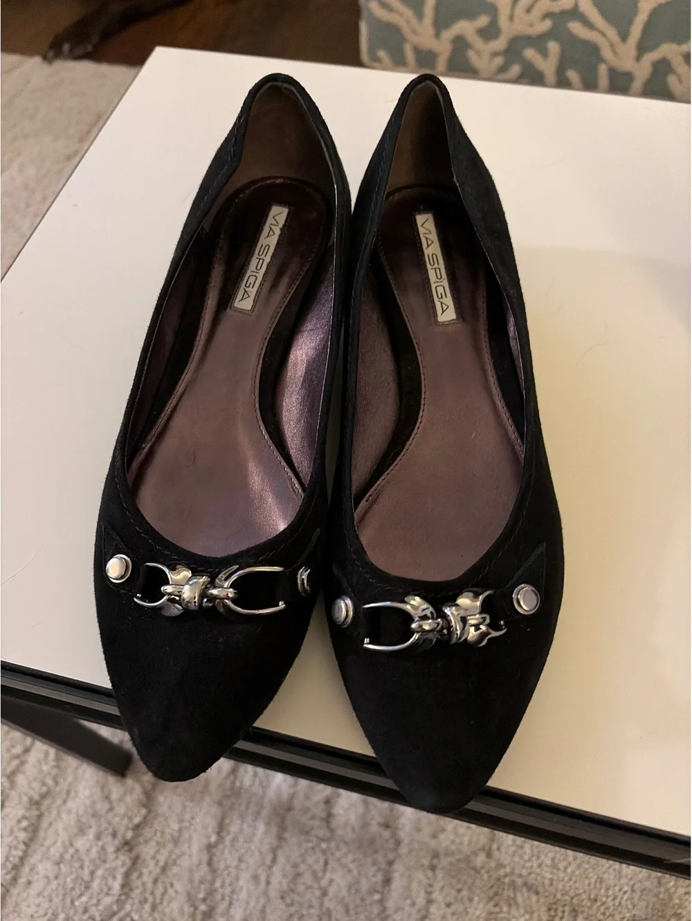 Via Spiga Black Pointed Toe kitten heels with Silver Buckle Detail, Size 7.5